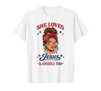 She Loves Jesus and America Too 4th of July Messy Bun USA Camiseta