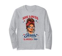 She Loves Jesus and America Too 4th of July Messy Bun USA Manga Larga