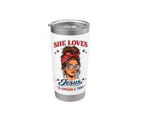 She Loves Jesus and America Too 4th of July Messy Bun USA Vaso térmico de acero inoxidable de doble pared