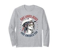 She Loves Jesus and America Too Cowgirl Flag 4th July USA Manga Larga