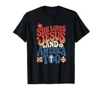 She Loves Jesus and America Too Retro 4th of July USA Camiseta