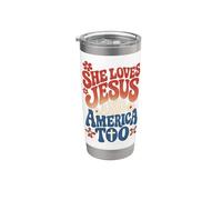 She Loves Jesus and America Too Retro 4th of July USA Vaso térmico de acero inoxidable de doble pared