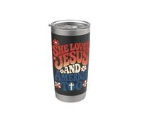 She Loves Jesus and America Too Retro 4th of July USA Vaso térmico de acero inoxidable de doble pared