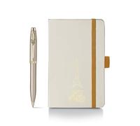 Sheaffer 100 Emily in Paris 9377 Collection - Bolígrafo dorado champán con adornos dorados PVD, clip en forma de lazo (bolígrafo y cuaderno pequeño de tapa dura)