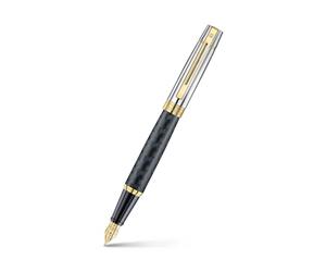 Sheaffer Pluma estilográfica 300 | E9347 grabado, cuerpo negro mate y tapa cromada brillante con adornos dorados PVD, punta media, pluma estilográfica premium