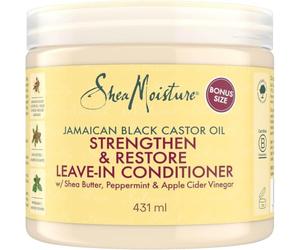 SheaMoisture Acondicionador Leave In Strengthen & Restore, Cabello Tratado y Dañado, Fortalece e Hidrata, Acción Anti Rotura, Aceite de Ricino Negro Jamaicano y Manteca de Karité, 431 ml