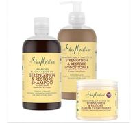 SheaMoisture Champú, Acondicionador y Acondicionador sin Aclarado para cabello natural o tratado químicamente con Aceite de Ricino Negro de Jamaica pack de cuidado capilar 2x 384 ml, 1x 431 ml