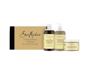 SheaMoisture Set de Regalo Strengthen & Restore, Champú, Acondicionador y Mascarilla, Pelo Tratado y Debilitado, Aceite de Ricino Negro Jamaicano y Manteca de Karité, 384 ml + 384 ml + 355 ml