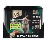 Sheba Kitten Selección Surtida en Salsa con Salmón y Pollo, Alimentos húmedos completos para Gatitos, 52 Bolsas de 85 g