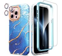 SHEDEER Funda para iPhone 15 Pro MAX, 6,7Pulgadas, 4 in 1 con Parachoques & Glitter Protector Cámara&Protector Pantalla, TPU Funda Aesthetic,Brillante, 360 Antigolpes,Resistente Arañazos,BLU Oceano