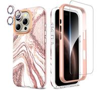SHEDEER Funda para iPhone 16 Pro con Protector Pantalla & Parachoques + Protector Cámara, TPU Antigolpes Protección de 360 Grados, Resistente a la Decoloración Carcasas y Fundas para 16 Pro, Oro Rosa