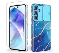 SHEDEER Funda para Samsung Galaxy A55 con Cubierta Deslizante para Cámara & Protector de Pantalla, Funda para Galaxy A55 con Glitter, Brillante, 360 Antigolpes, Resistente Arañazos, Azul Océano