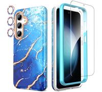 SHEDEER Funda para Samsung Galaxy S24 Plus, con Parachoques&Glitter Protector Cámara & Protector Pantalla, Funda para S24 Plus, Aesthetic, Brillante, 360 Antigolpes, Resistente Arañazos,Azul Océano