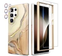 SHEDEER Funda para Samsung Galaxy S24 Ultra, con Parachoques & Glitter Protector Cámara & Protector Pantalla, Funda para S24 Ultra, Brillante, 360 Antigolpes, Resistente Arañazos,Blanco Elegante