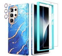 SHEDEER Funda para Samsung Galaxy S24 Ultra, con Parachoques&Glitter Protector Cámara & Protector Pantalla, Funda para S24 Ultra, Aesthetic, Brillante, 360 Antigolpes, Resistente Arañazos,Azul Océano