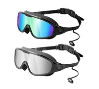 SheerFaring 2 Piezas Gafas de Natación con Tapones Silicona Y Lentes PC Visión Amplia Resistente Al Agua Y Antivaho Correa Ajustable Adecuado para, Multi Y Plata