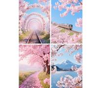 SHEGZHUC 4 paquetes de pintura de diamante para adultos Japón flores de cerezo, 30 x 40 cm, pintura de diamantes, imágenes de montaña, tren Fuji, bordado de mosaico, punto de cruz, arte, regalo