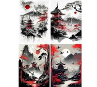 SHEGZHUC 4 paquetes de pintura de diamantes paisaje japonés 30 x 40 cm rojo luna ático montaña Fuji mosaico arte bordado punto de cruz imágenes regalo decoración de pared