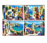 SHEGZHUC 4 paquetes de pintura de diamantes para adultos, casa junto al mar, 40 x 30 cm, pinturas de pintura de diamantes, islas Santorini, bordado de mosaico, punto de cruz, arte, regalo, decoración
