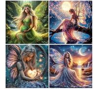 SHEGZHUC 4 paquetes de pintura de diamantes para adultos, cascada, hadas | Pintura de diamantes cuadros ángel paisaje de fantasía mosaico bordado punto de cruz arte regalo decoración de pared para