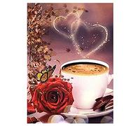 SHEGZHUC Cuadros Diamantes 30 x 40 cm Cuadros 5D Corazon Cafe Pintura Diamante Cafe Diamante 5D Rosas Rojas Pintura Diamante Flores Cuadros de Punto de Cruz de Cocina Cuadro de Desayuno con Diamantes