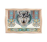 SHEGZHUC Diamond Painting - Bandeja para servir con asas, 20 x 30 cm, diseño de lobo con diamantes, bandeja de madera, rectangular, para cocina, desayuno