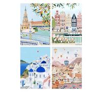 SHEGZHUC Juego de 4 cuadros de diamantes de 30 x 40 cm España Países Bajos Grecia Turquía Pintura Diamante Ciudad del Mar Flores Tulipanes Globo Aerostático Diamante Pintura Paisaje Puentes