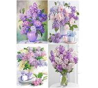 SHEGZHUC Juego de 4 flores moradas 30 x 40 cm - Pintura de diamante flor lila pintura por números - cuadros de pintura de diamantes para adultos rosas en jarrón bordado