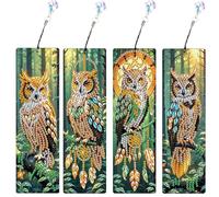SHEGZHUC Juego de 4 marcapáginas de pintura de diamantes, manualidades, búho, bosque, animales, atrapasueños, pintura de diamantes, marcapáginas, mosaico, pintura de diamantes, bordado, punto de cruz