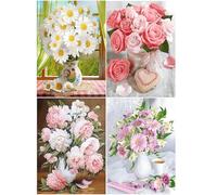 SHEGZHUC Juego de 4 ramos de pintura de diamante en jarrón, 30 x 40 cm, para adultos, flores, rosas, margaritas, peonías, crisantemo morado, 5D, pintura de diamantes, flores, amor, café, paisaje