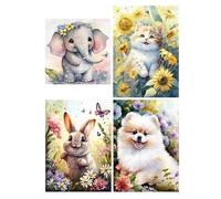 SHEGZHUC Pack de 4 Pinturas Diamante 5D - Cuadros con Gatos, Perros, Conejos y Elefantes - Punto de Cruz