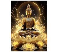 SHEGZHUC Pintura de Diamante Buda Zen Dorado 30 x 40 cm con Loto - Arte de Bordado Punto de Cruz para Decoración de Pared - Regalo Religioso