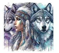 Shein 1/2/3 piezas Pegatinas de transferencia de calor con chica y lobo en acuarela, elementos de tótem de plumas, adecuadas para camisetas, sudaderas, suét