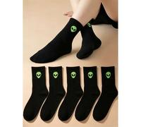 Shein 1/2/5 pares de calcetines de media caña para mujer con diseño de cara de alienígena de nicho, color verde neón, rayas verticales negras, calcetines ca