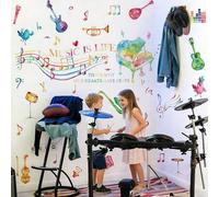 Shein 1/2 Hojas/Set "LA MÚSICA ES LA VIDA, POR ESO NUESTROS CORAZONES TIENEN" Pegatina de pared de notas musicales coloridas, guitarra, piano, saxofón, micr