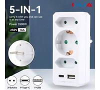 Shein 1/2 Piezas Adaptador múltiple 5 en 1 con 3 enchufes europeos, USB y Type-C - Convertidor europeo para casa, oficina y viajes, color blanco