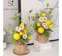 Shein 1/2 piezas Conjunto de macetas de arpillera con limones artificiales, con 4 margaritas pequeñas y 5 macetas con forma de limón, hechas de material de
