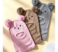 Shein 1/2 piezas Gorro pasamontañas de punto con orejas de oso y doble pompón para niños pequeños, gorro suave de cobertura completa del rostro, accesorio p