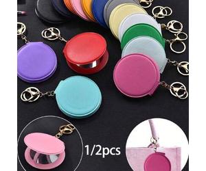 Shein 1/2 piezas/Set Espejo de maquillaje de color caramelo, espejo compacto redondo de cuero, espejo de maquillaje plegable portátil, llavero, espejo colga