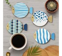 Shein 1/240 Set, 1/4 piezas Posavasos con diseño de peces lindos, posavasos para café, posavasos de madera, posavasos para tazas de té, posavasos resistente