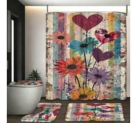 Shein 1/3/4 piezas Conjunto de baño retro con estampado de salpicaduras florales y corazones, decoración del hogar, cortina de baño, conjunto de accesorios