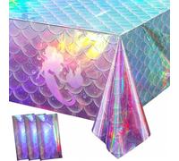 Shein 1/3 piezas Mantel de plástico de sirena arcoíris, mantel de sirena holográfico desechable para fiesta de cumpleaños de niñas, boda, discoteca, vacacio