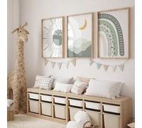 Shein 1/3 Set de "Trilogía del Sueño Estrellado" - Impresiones de arte minimalistas de arcoíris, luna y sol - Acuarela transparente acentuada con luz de las