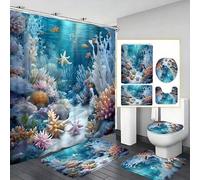 Shein 1/4 Piezas Conjunto de baño con estampado de coral y estrella de mar, con cortina de ducha de estilo océano azul, incluye cortina impermeable, alfombr