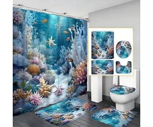 Shein 1/4 Piezas Conjunto de baño con estampado de coral y estrella de mar, con cortina de ducha de estilo océano azul, incluye cortina impermeable, alfombr
