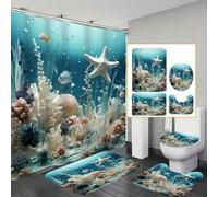 Shein 1/4 piezas Juego de baño con estampado de conchas marinas y estrellas de mar, incluye cortina decorativa de ducha, alfombra antideslizante, tapa de in