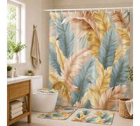 Shein 1/4 piezas Juego de baño con tema de hojas tropicales doradas y verdes, incluye cortina de ducha, alfombra de baño, alfombra en forma de U para el ino