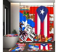 Shein 1-4 piezas Juego de baño con tema de Puerto Rico - Alfombras de baño y fundas de asiento de inodoro de poliéster impermeable y antideslizante con dise