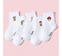 Shein 1/5/10 pares de calcetines clásicos blancos para niñas/calcetines tobilleros, con lindos patrones de dibujos animados de Mickey/Minnie paraguas/Daisy,