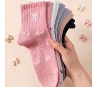 Shein 1/5 pares de calcetines de media caña con lazo de unicolor para mujer, suaves y cómodos, aptos para uso diario, exterior, deportes en todas las estaci